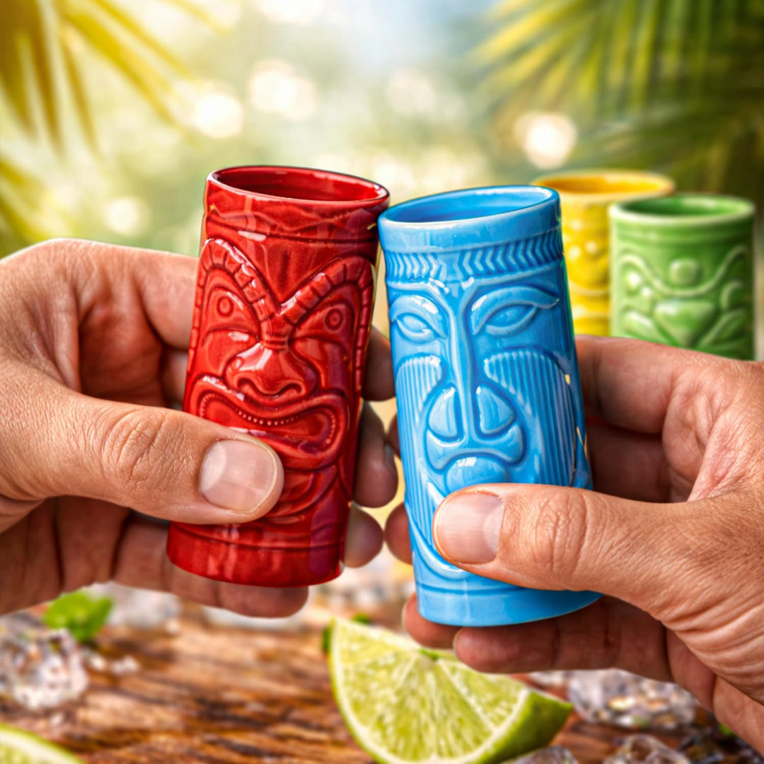 mikamax Tiki Schnapsgläser 4er Set 60 ml - Bunte Keramik mit Tiki Motiven - Spülmaschinenfest - Hawa
