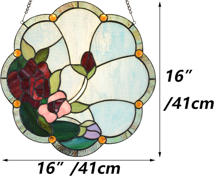 Bieye W10058 Fensterpaneel mit Rosen-Motiv im Tiffany-Stil, Buntglas, mit Kette, 40,6 cm breit