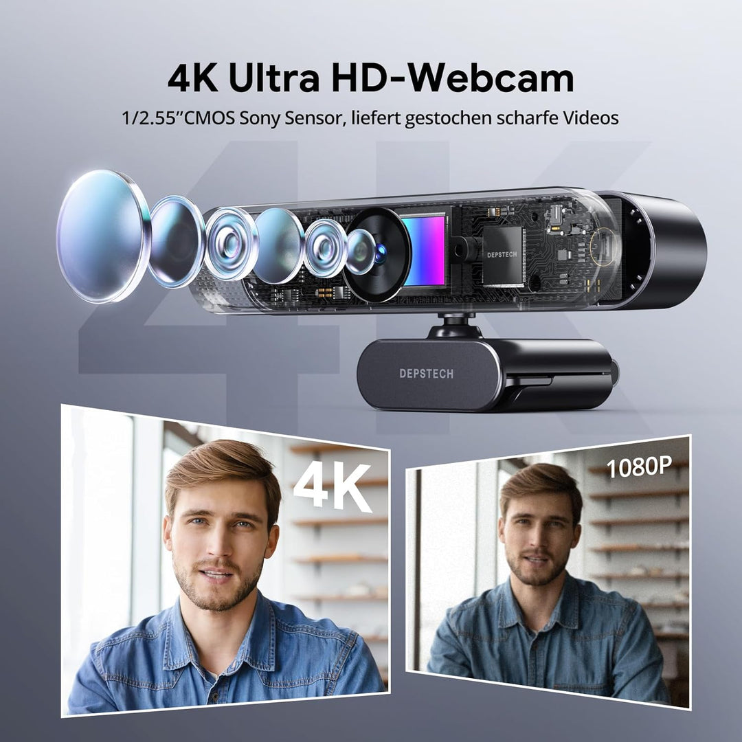 DEPSTECH DW50 Pro Webcam 4K, Ultra HD mit Mikrofon, 3-facher Zoom, 1/2.55 Sony Sensor, Duale Mics mi