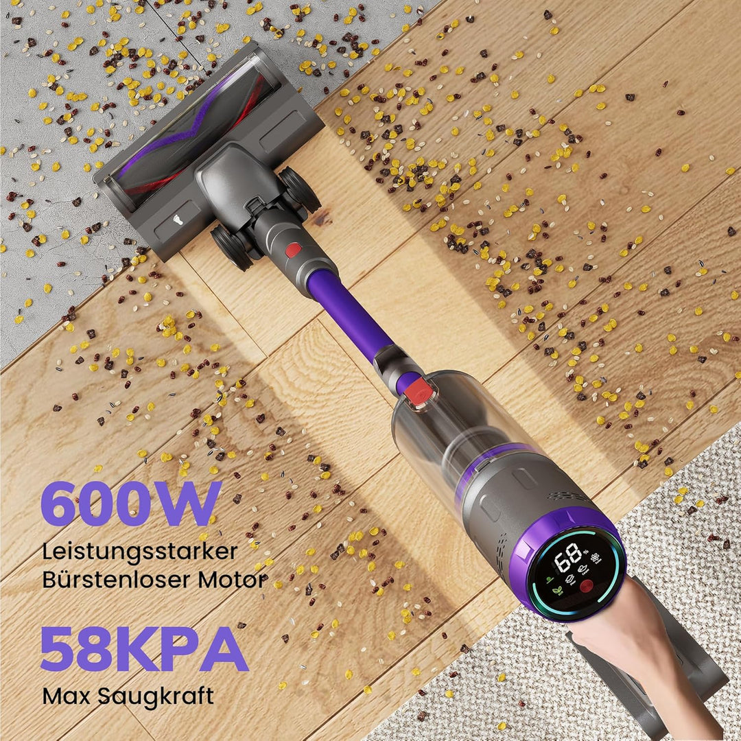 Akku Staubsauger 600W/58kPa/75Min, Staubsauger Kabellos mit Tierhaar-Entfilzer und Elektrorasierer,