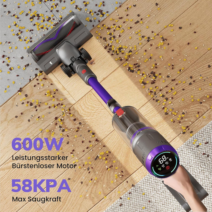 Akku Staubsauger 600W/58kPa/75Min, Staubsauger Kabellos mit Tierhaar-Entfilzer und Elektrorasierer,