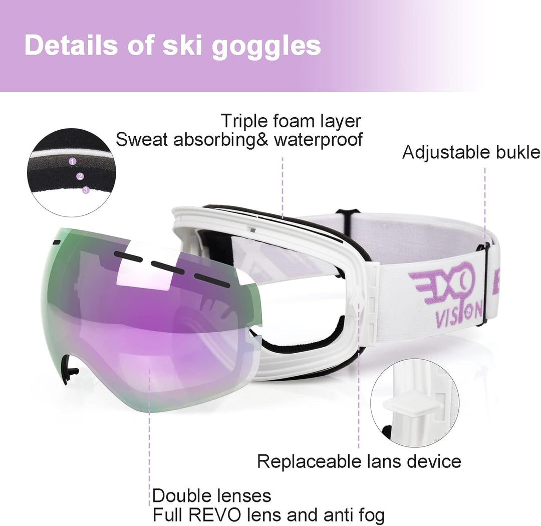 EXP VISION Snowboard Skibrille für Herren Damen Jugend, 100% UV400 Schutz Anti Beschlag über der Bri