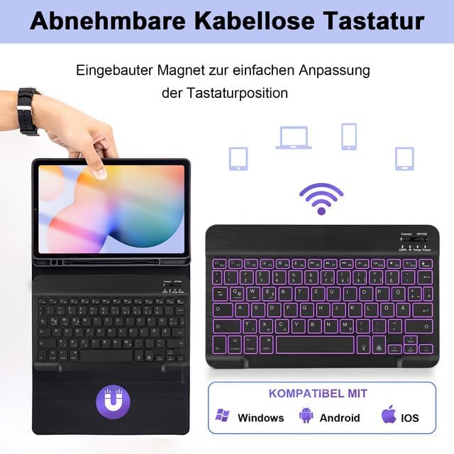 SOPPY Samsung Galaxy Tab S6 Lite Hülle mit Tastatur, Kabellose 7-Farbige Beleuchtung Tastatur Hülle