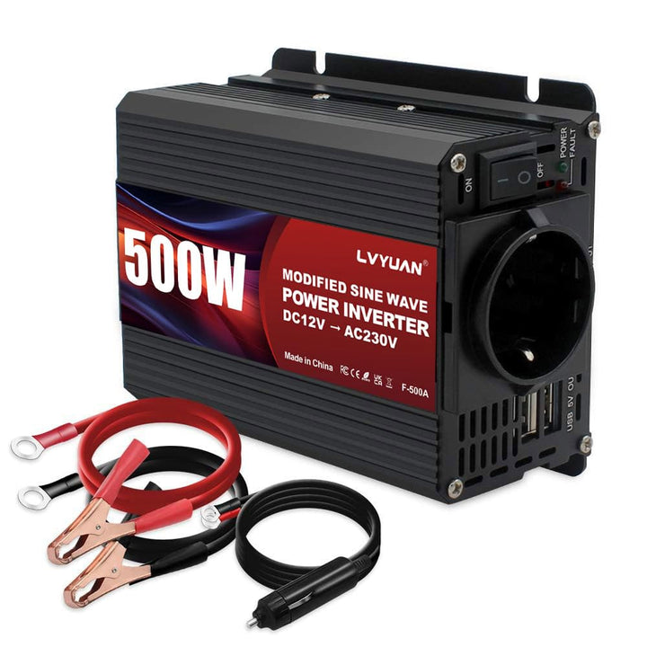 LVYUAN Wechselrichter 12V auf 230V 500W Spannungswandler, Stromwandler mit Dual-USB-Anschluss und EU