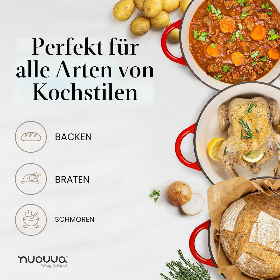 Gusseisen-Topf mit Deckel – Emaille-Schmortopf mit Antihaft, Ofenfest bis 260°C – Robuster Dutch Ove