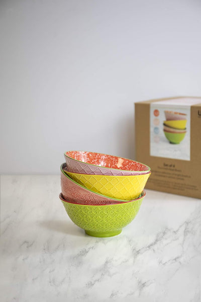KitchenCraft Gemusterte Müslischale 4er Set in Geschenkbox, Keramikschalen ideal für Eis, Suppe und