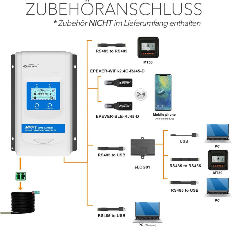 EPEVER® MPPT DuoRacer 30A Laderegler solar charge controller DR3210N für 2 Batterien, 12V/24V auto w