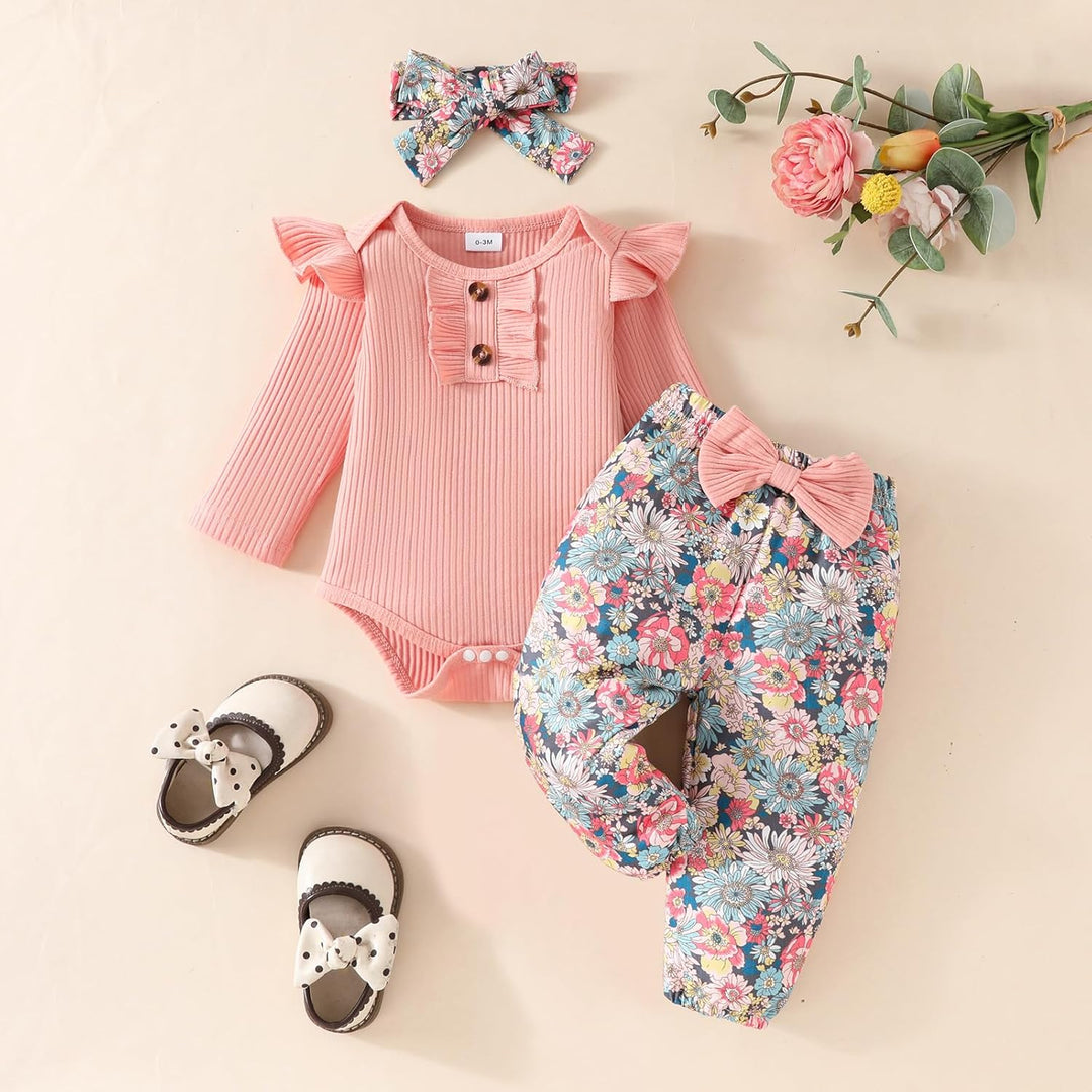 Neugeborenes Baby Mädchen Kleidung Kleinkind gerippt Ruffle lange Ärmel Strampler+ Floral Hosen+ Sti
