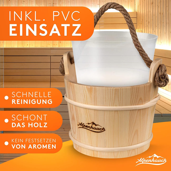 ALPENHAUCH Sauna Eimer mit Kelle [100% Naturholz] - Edler Saunakübel mit komfortablem Hanftrageseil