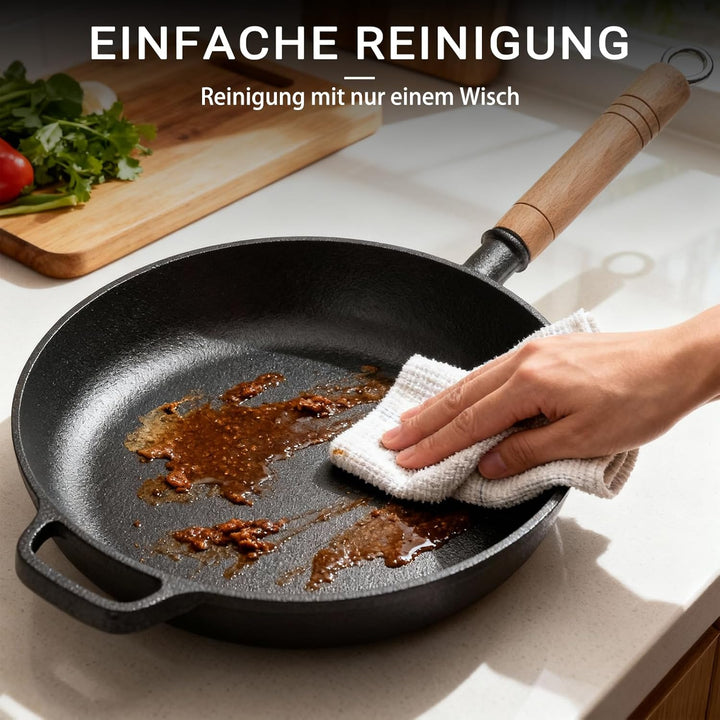 Gusseisen Pfanne 27cm Bratpfanne Grillpfanne: Ohne Beschichtung Induktion Pfanne Griff aus Massivhol