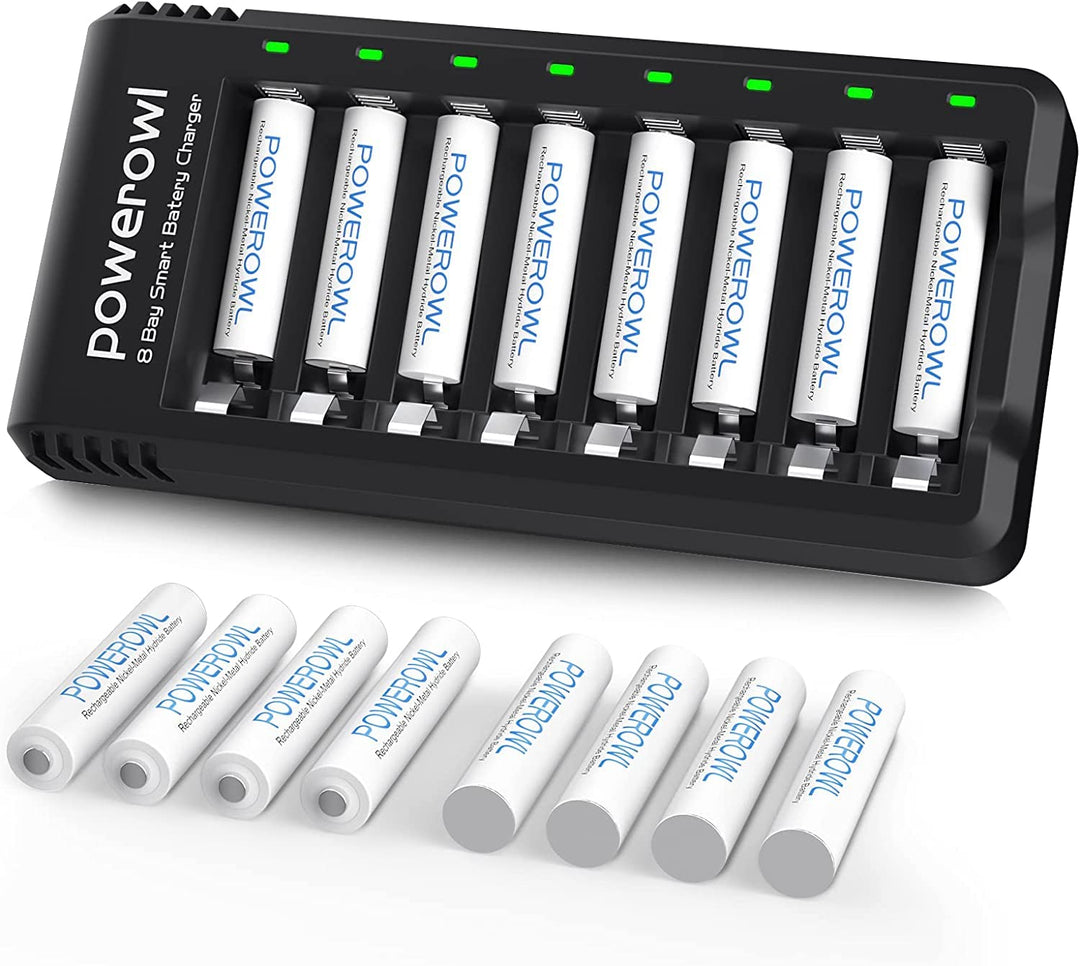 Powerowl Akku Ladegerät mit AAA Akku 1000mah 16 Stück, AA Akkuladegerät 8 Steckplatz Universal Batte