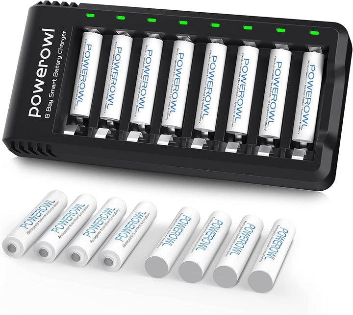 Powerowl Akku Ladegerät mit AAA Akku 1000mah 16 Stück, AA Akkuladegerät 8 Steckplatz Universal Batte