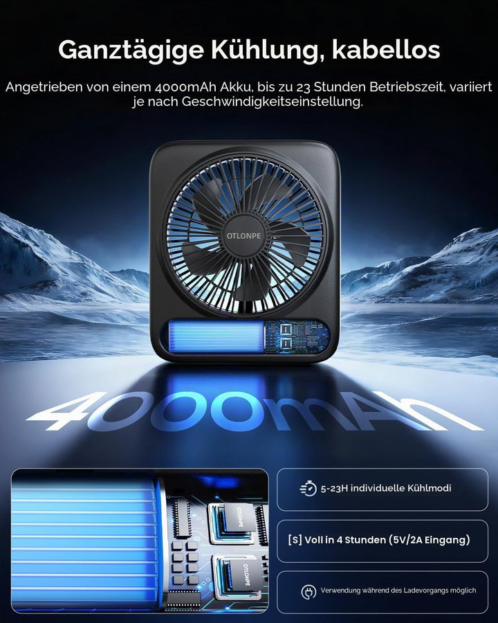 Otlonpe Tischventilator Leise, 4000mAh Akku Tisch Ventilator Tragbar, 4-Speed Tischventilatoren Klei