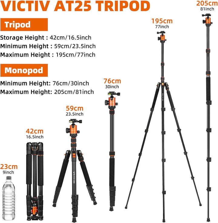 VICTIV 205cm Professionell Stativ für Kamera, Aluminiumlegierung Reisestativ Stativ für DSLR, 360 Gr