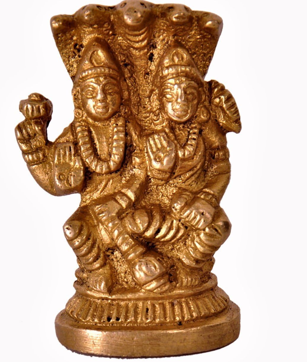 Purpledip Mini Idol Vishnu-Lakshmi (Laxminarayana): Solid Brass Metal Statue for Home Temple (11387)