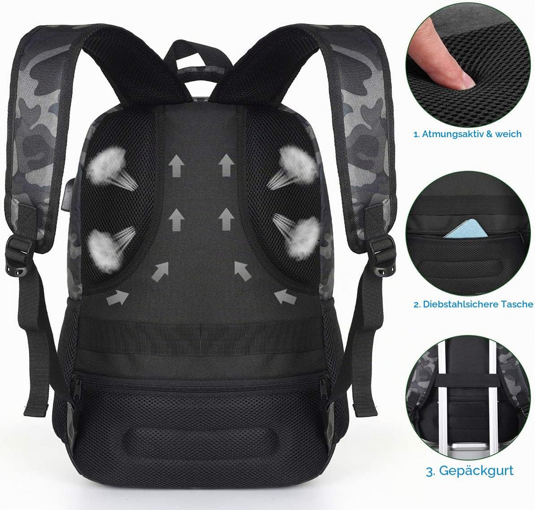 YAMTION Herren Rucksack,Schulrucksack Jungen Teenager mit mit USB-Ladeanschluss für Reisen Camping S