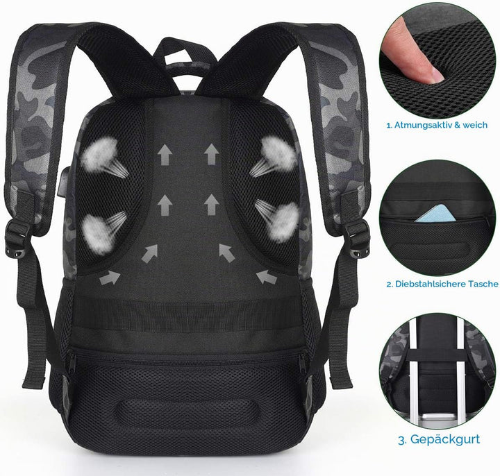 YAMTION Herren Rucksack,Schulrucksack Jungen Teenager mit mit USB-Ladeanschluss für Reisen Camping S