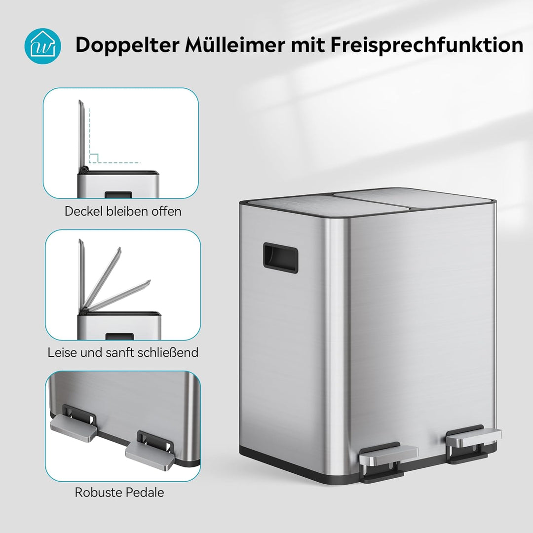 WLIVE Mülleimer Küche 30L, Mülltrennsystem mit 2 x 15L Fächern, Doppel Abfalleimer mit Treteimer, Ed