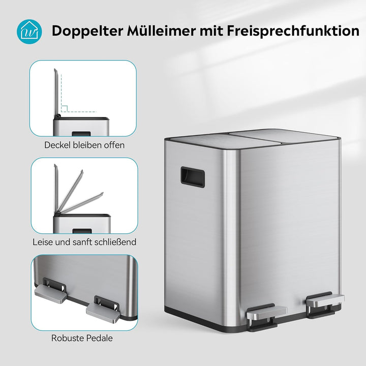 WLIVE Mülleimer Küche 30L, Mülltrennsystem mit 2 x 15L Fächern, Doppel Abfalleimer mit Treteimer, Ed