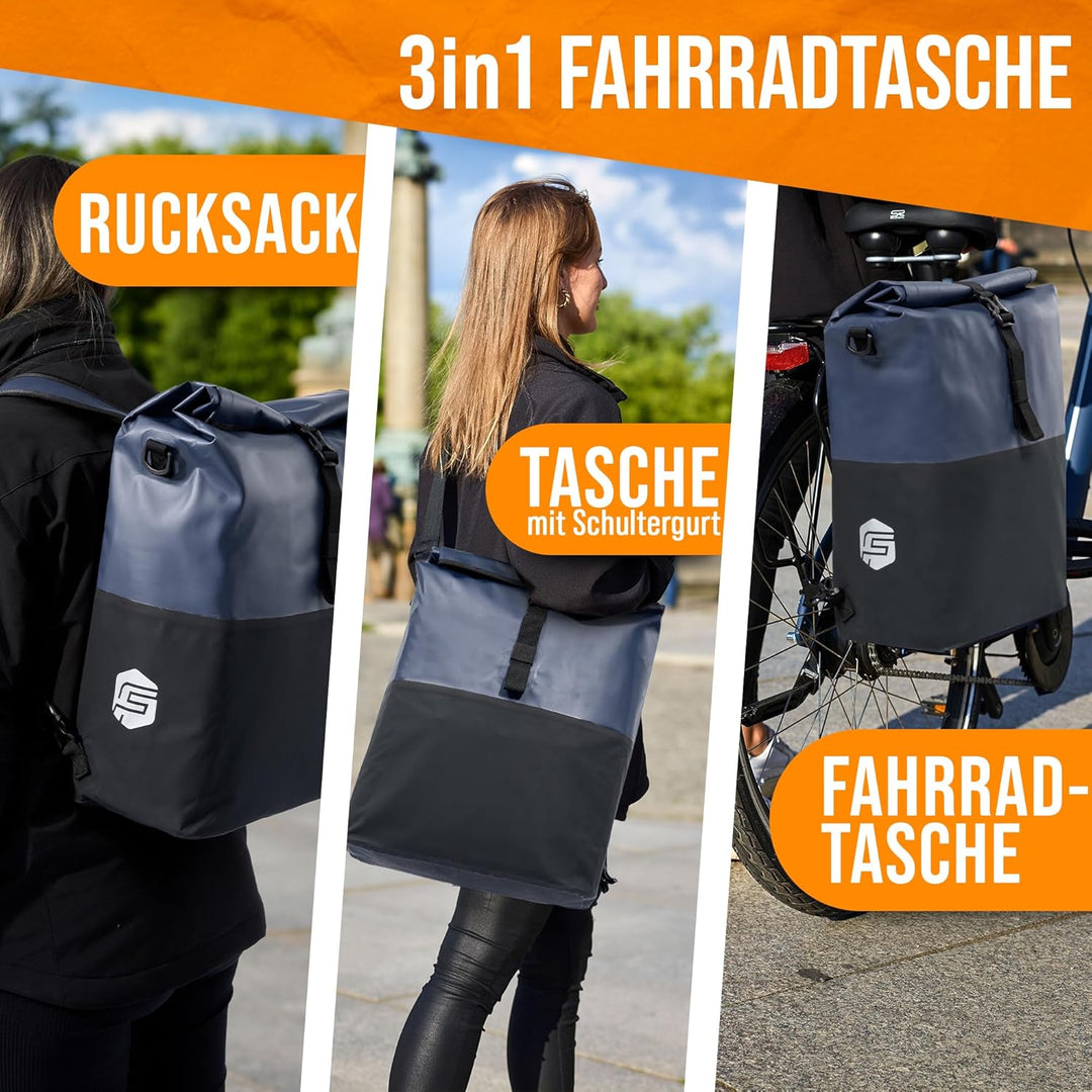 Forrider 3in1 Fahrradtasche für Gepäckträger mit Rucksack Wasserdicht 27L I Gepäckträgertasche Refle