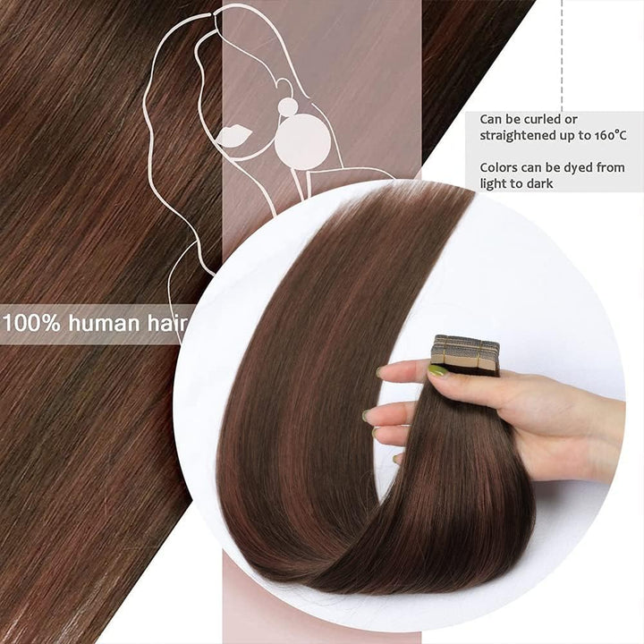 HotLulana Tape Extensions Echthaar Balayage Schokoladenbraun mit Dunkelrotbraun（#4/4/33) Tape in Ext