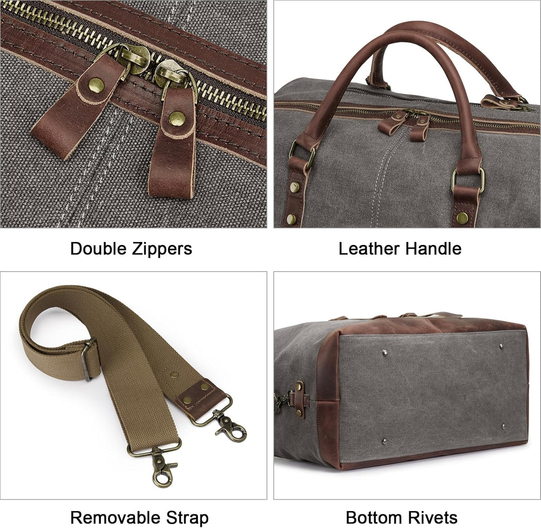 S-ZONE Reisetasche 52-55L Vintage Canvas Crazy Horse Leder Trim Unisex Handgepäck Weekender Tasche S