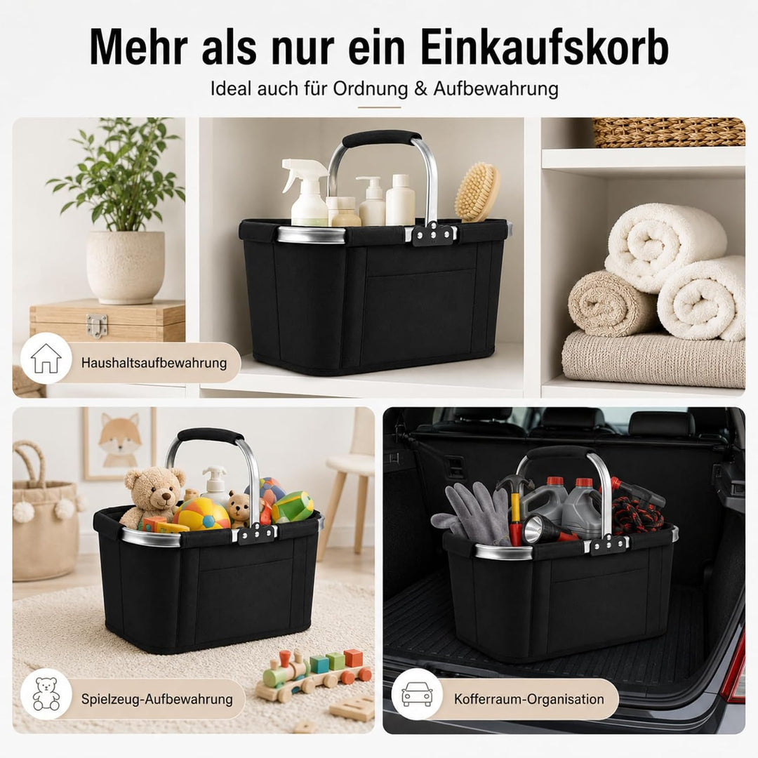 Einkaufskorb Faltbar 30L XXL, Platzsparender Klappkorb mit Edelstahlrahmen & 300D Oxford, Ideal für