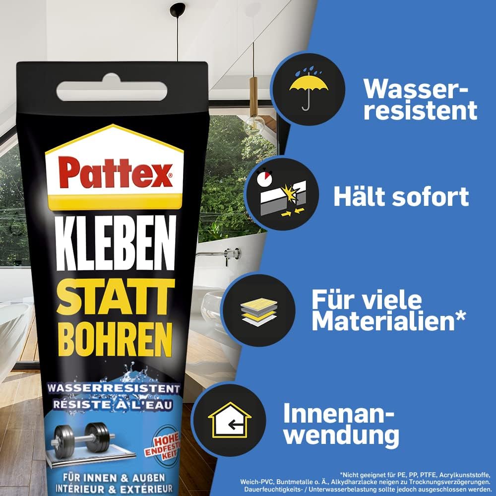 Pattex Montagekleber Kleben statt Bohren Wasserresistent, Kraftkleber für innen & aussen, universell
