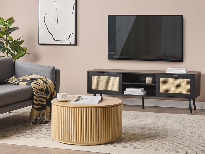 Beliani TV-Schrank Rattan schwarz/beige 2 Türen 150 x 40 x 52 cm modern Opoco