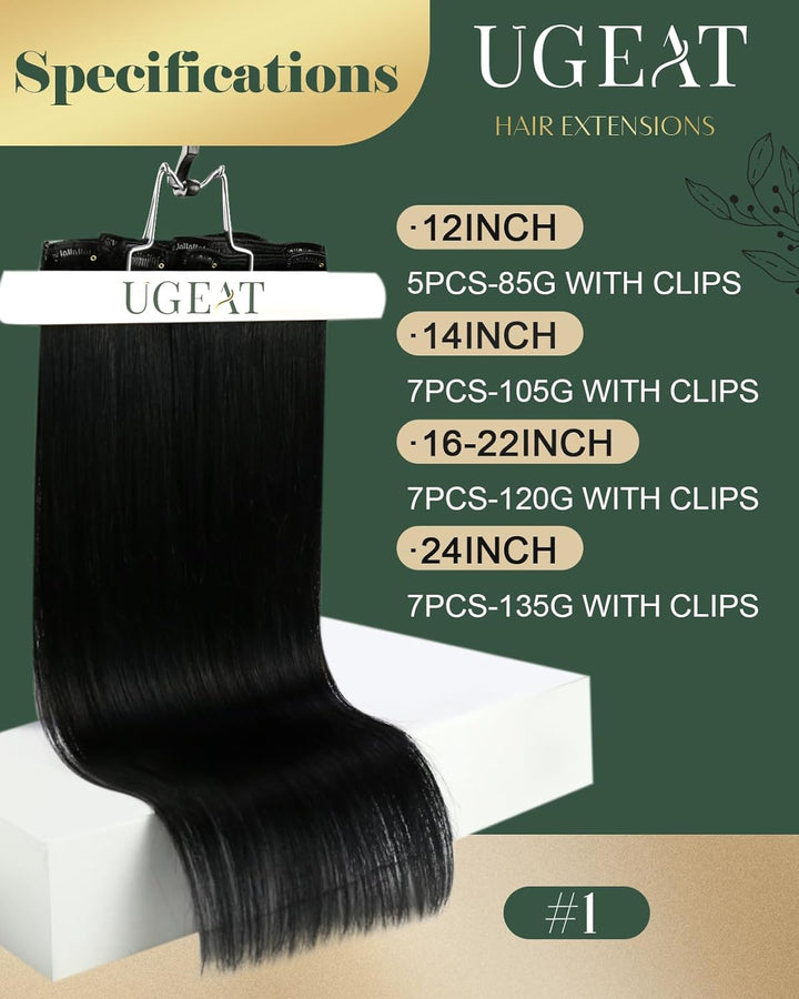 Ugeat 18Zoll/45cm Echthaar Extensions Clip in Schwarz Echte Haare Tressen Extensions 7Stück Clip in