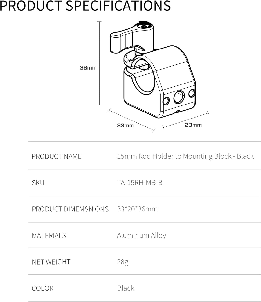 Tilta 15mm Rutenhalter auf Montageblock - Schwarz TA-15RH-MB-B