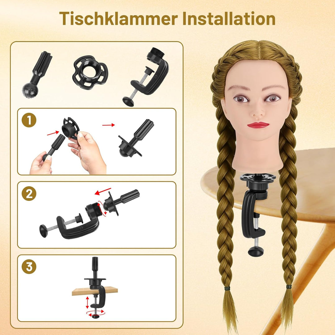 Übungskopf, TwoWin 80% Echthaar Friseurkosmetik Mannequin Kopf mit Klammerständer und Geschenken - G