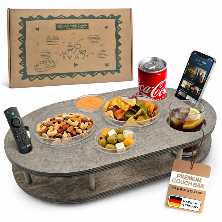 Couchbar Snackbox in grau mit 4 Glasschalen - Sofabar für Snacks und Getränke - Couchtabletts mit Ge