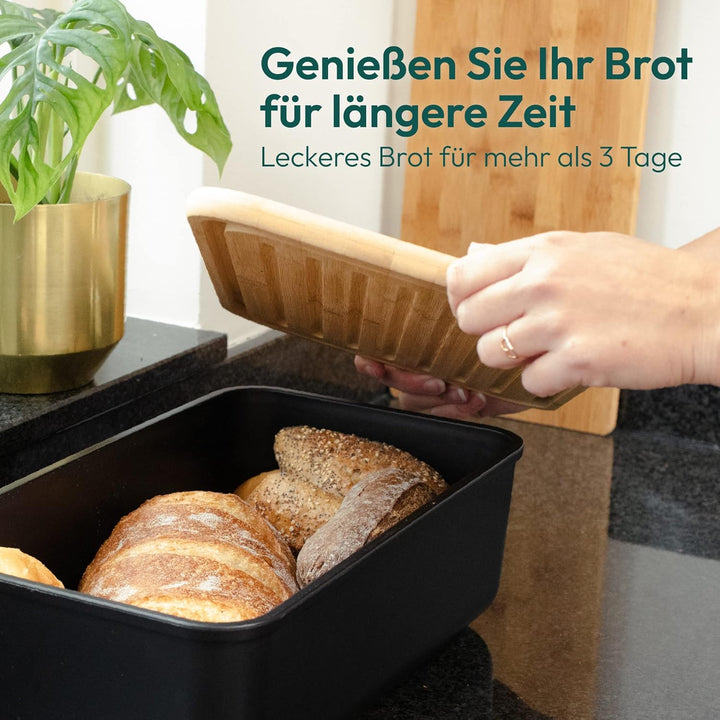 Gadgy Brotkasten Bambus - Brotdose mit Schneidebrett und Deckel - Brotkasten Schwarz - Luftdicht, Fr