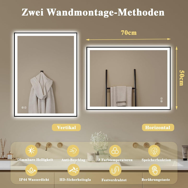 Badspiegel-mit-Beleuchtung 50x70cm - Badezimmerspiegel LED Badezimmer Spiegel mit Beleuchtung - Besc