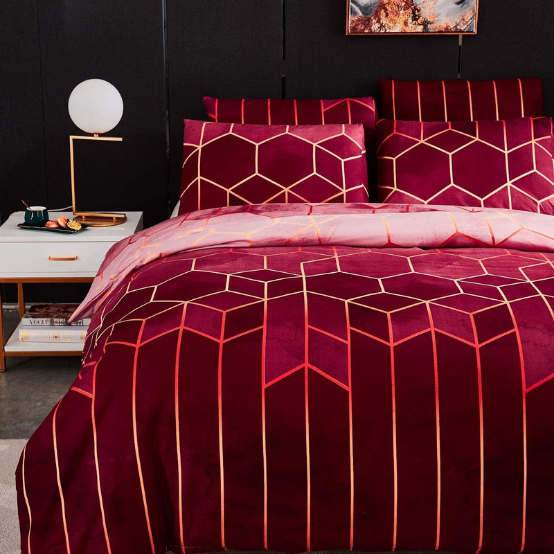 Luofanfei Bettwäsche Gestreift 135x200cm 4teilig Weinrot Geometrisch Bettbezug Set Microfaser Bettde