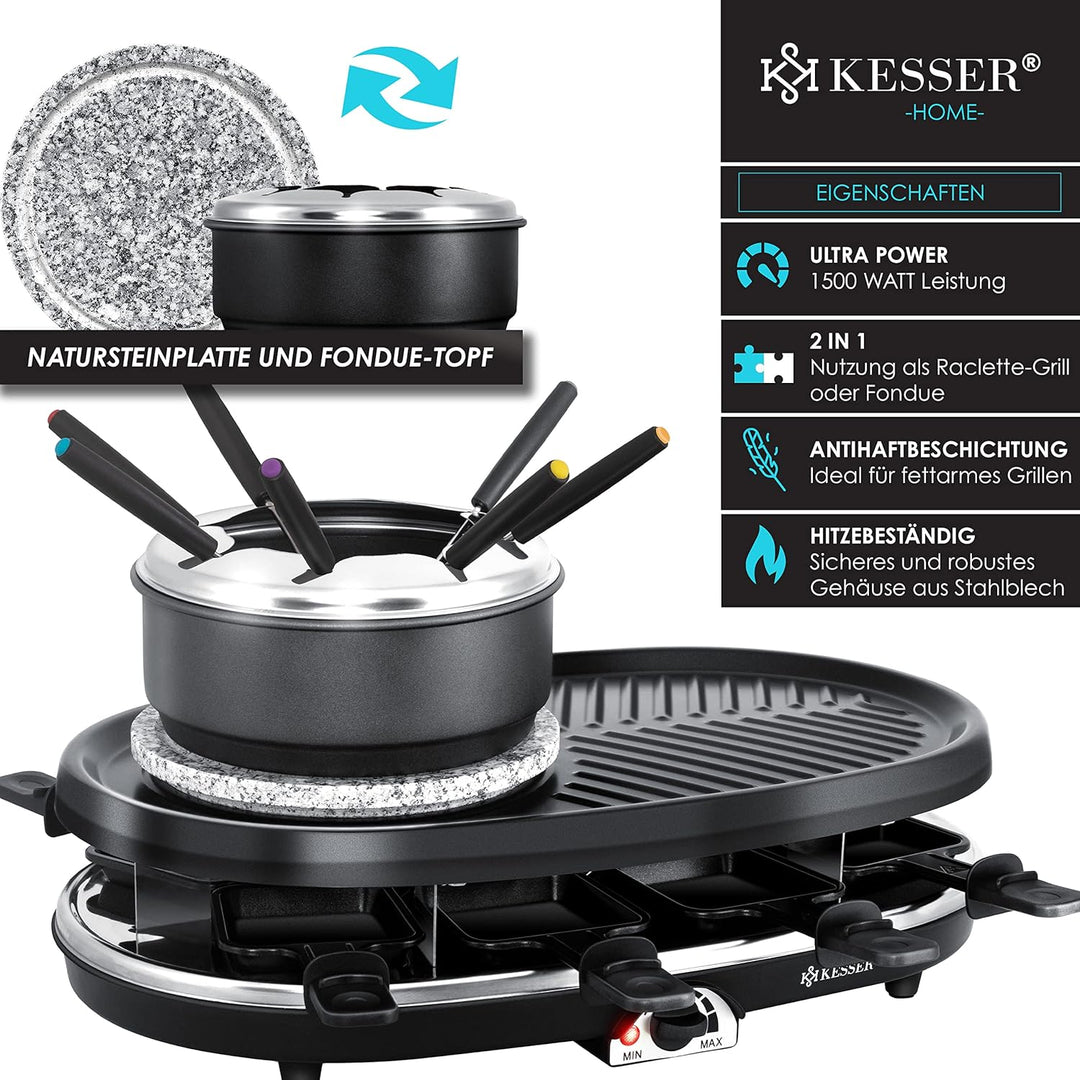 KESSER® 3in1 Raclette-Grill mit Naturgrillstein, Grillplatte und Fondue, Tischgrill für 8 Personen,