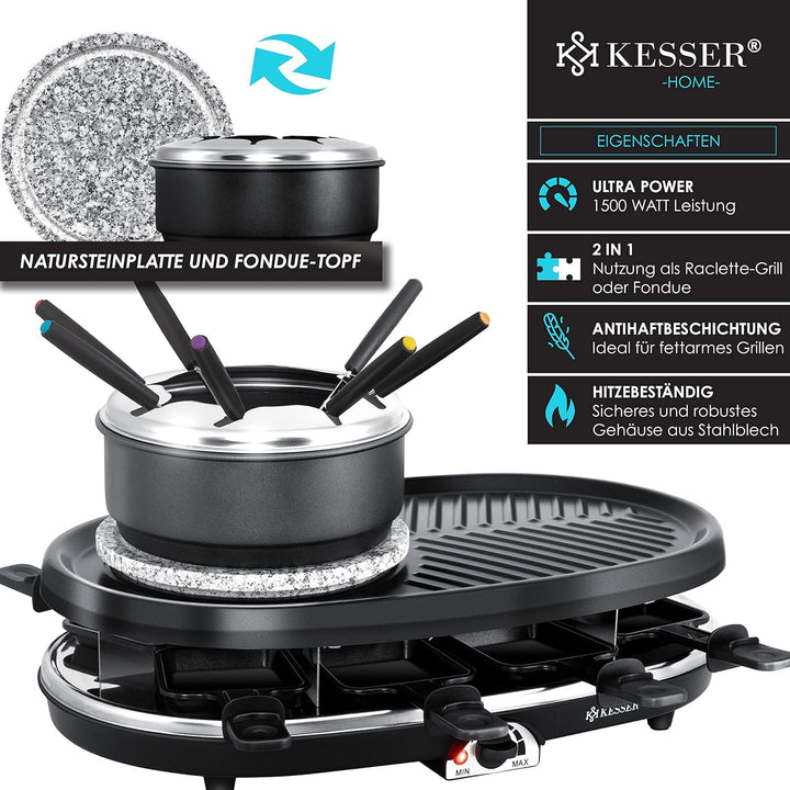 KESSER® 3in1 Raclette-Grill mit Naturgrillstein, Grillplatte und Fondue, Tischgrill für 8 Personen,