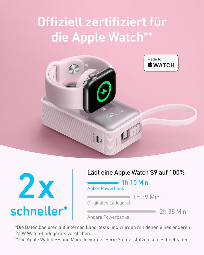 Anker MagGo Powerbank für Apple Watch, offiziell Zertifiziert, 10.000mAh kompaktes Akkupack mit inte