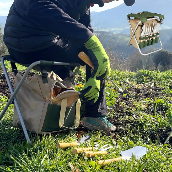BIKAIN Klappbarer Gartenhocker – Werkzeugset – Aufbewahrungstasche mit Reissverschluss – inkl. 5 Wer