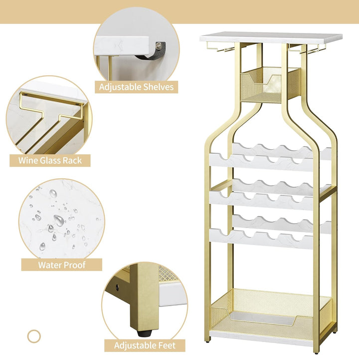 Garvee Weinregal Gold mit Glashalter, freistehendes Flaschenregal für 12 Flaschen, schmales Barregal
