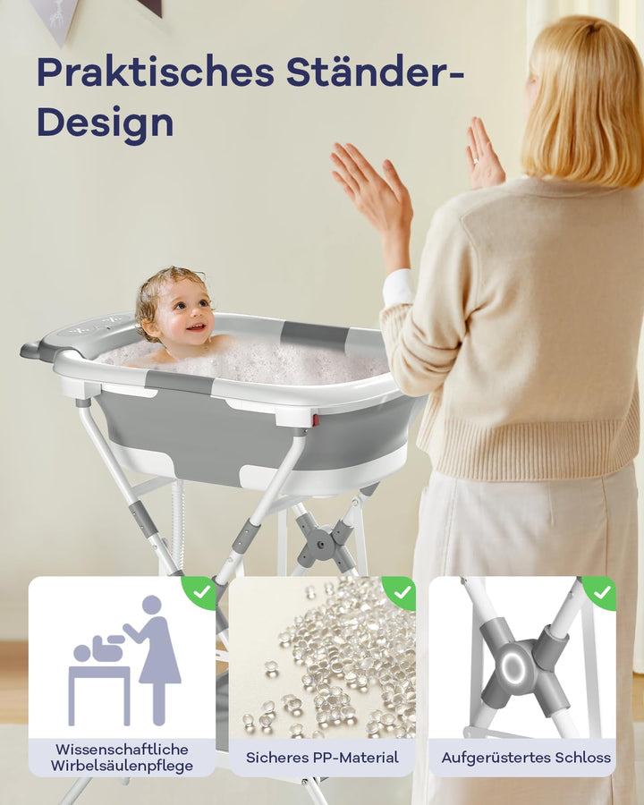 COOSEYA Baby Badewanne mit Gestell für 0-18 Monate, Faltbare Babybadewanne mit Stützpolster und Temp