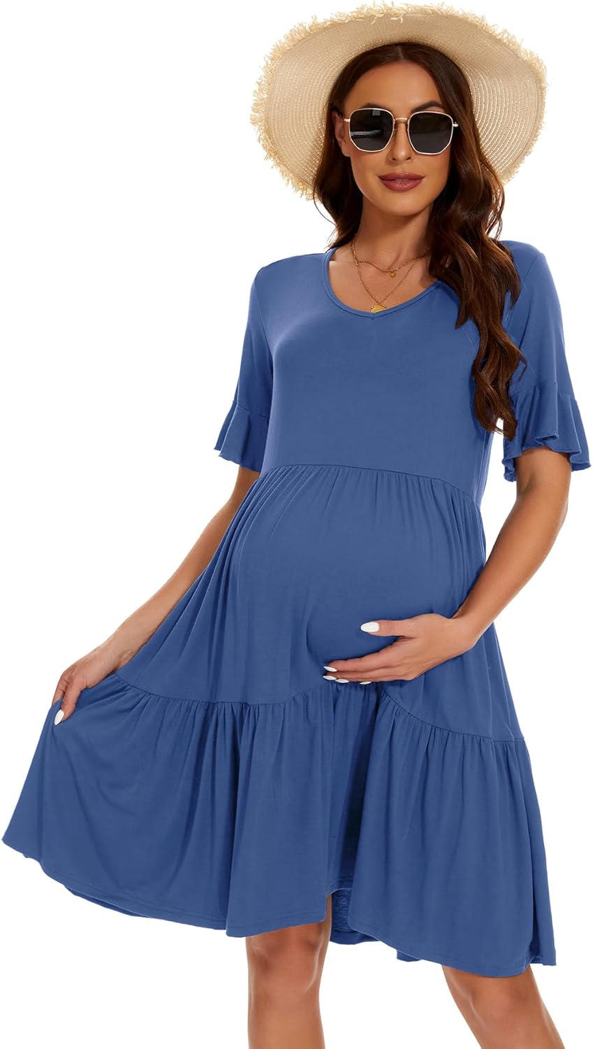 Smallshow Damen Umstandskleid Kurzarm Sommer Schwangerschafts Umstandsmode Kleid M Grau Blau, M Grau