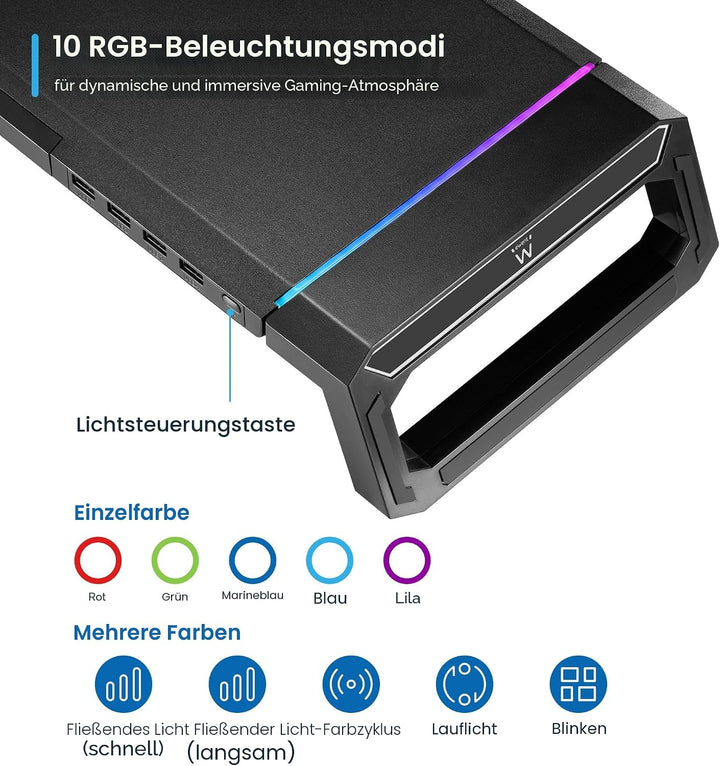 Ewent Monitorständer, RGB Monitor Riser, Klappbar, Smartphone- und Tablet-Halterung mit Ablagefach u