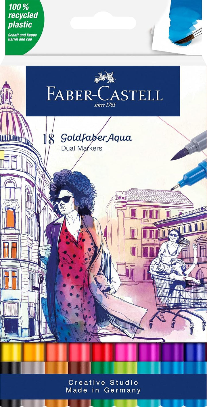 Faber-Castell 164618 - Goldfaber Aqua Dual Marker, mit Pinselspitze und Fineliner Spitze, 18er Etui