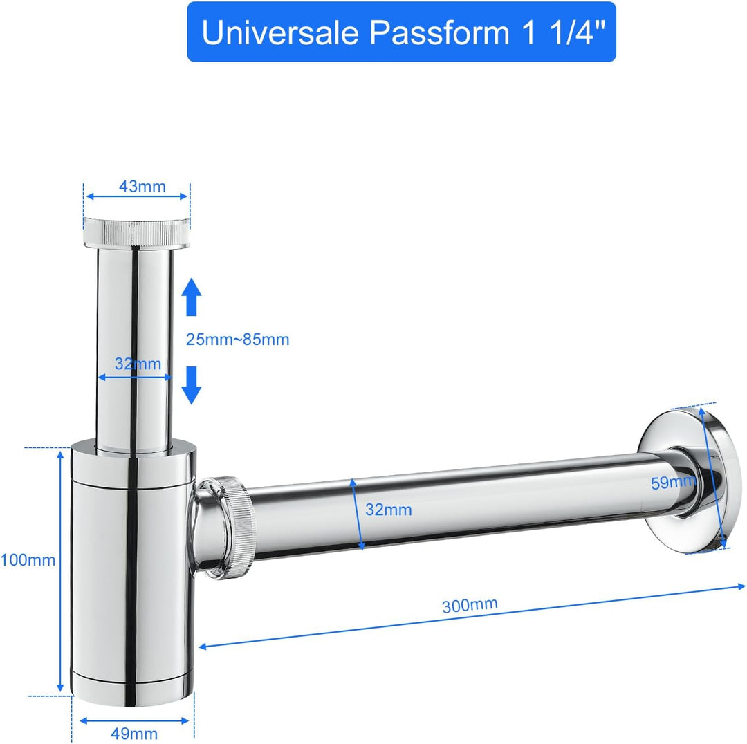 KEOKBON Universal- 1 1/4 Zoll x 32mm Siphon für Waschbecken & Waschtisch - Abflussgarnitur passgenau