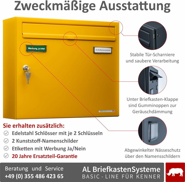 AL Briefkastensysteme Basic 2er Briefkasten RAL 1003 Signal Gelb 2 Fächer DIN A4 wetterfest Briefkas