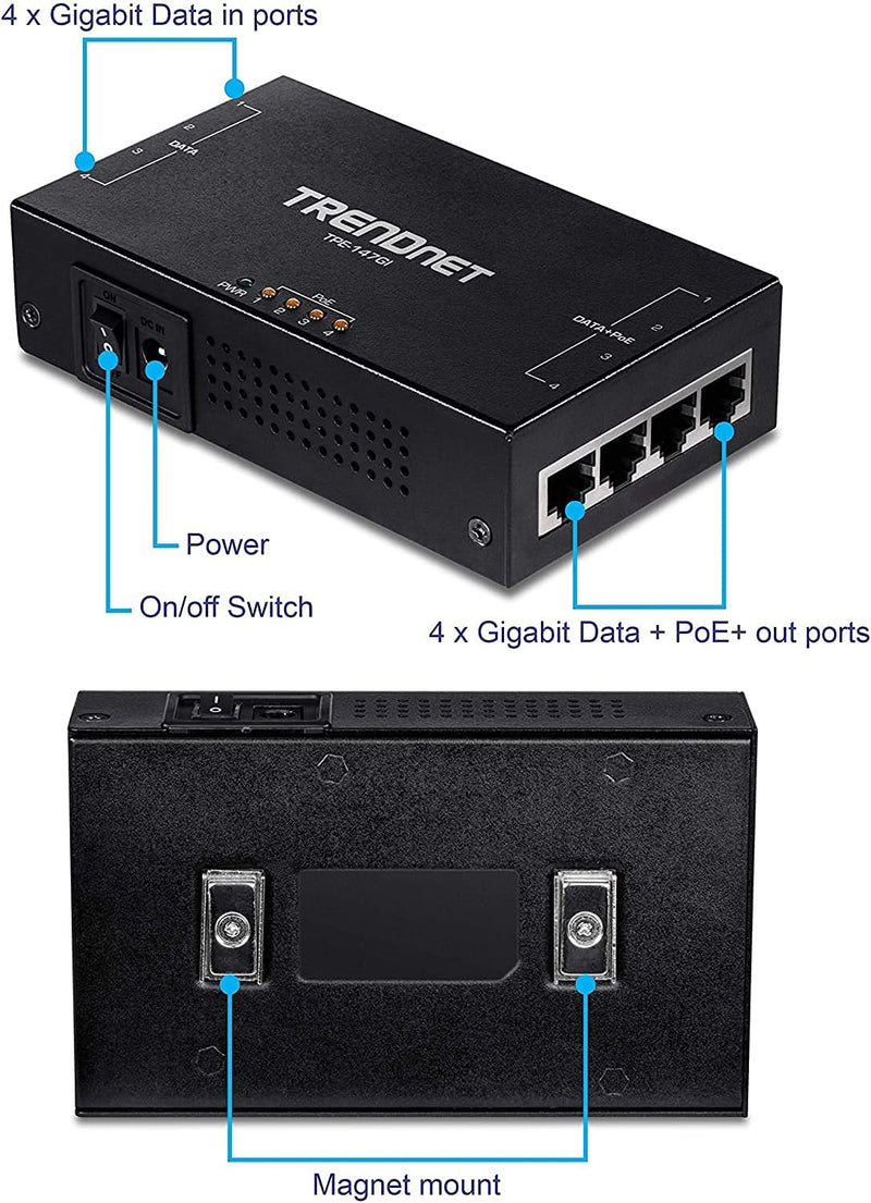 TRENDnet TPE-147GI 65W 4-Port Gigabit PoE+ Injector Ultra 4 Port Injektor, Ultra 4 Port Injektor