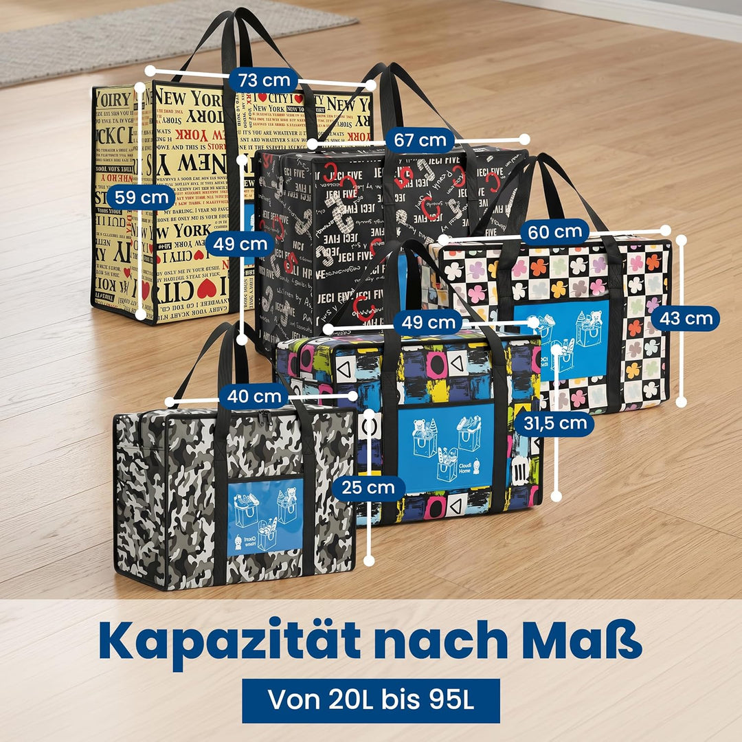 5er-Set Einkaufstaschen (5x30L) mit Reissverschluss & Vordertasche, extrem strapazierfähige & wieder