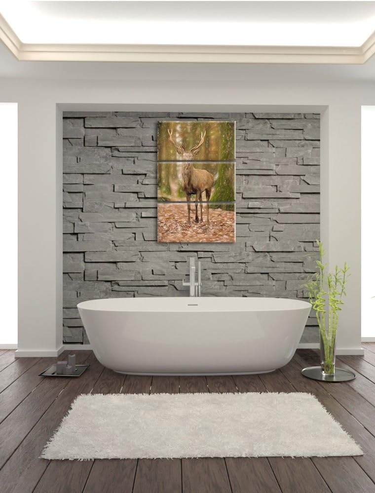 Pixxprint Schöner Hirsch im Wald Bunstift Effekt 3-Teiler Leinwandbild 120x80 Bild auf Leinwand